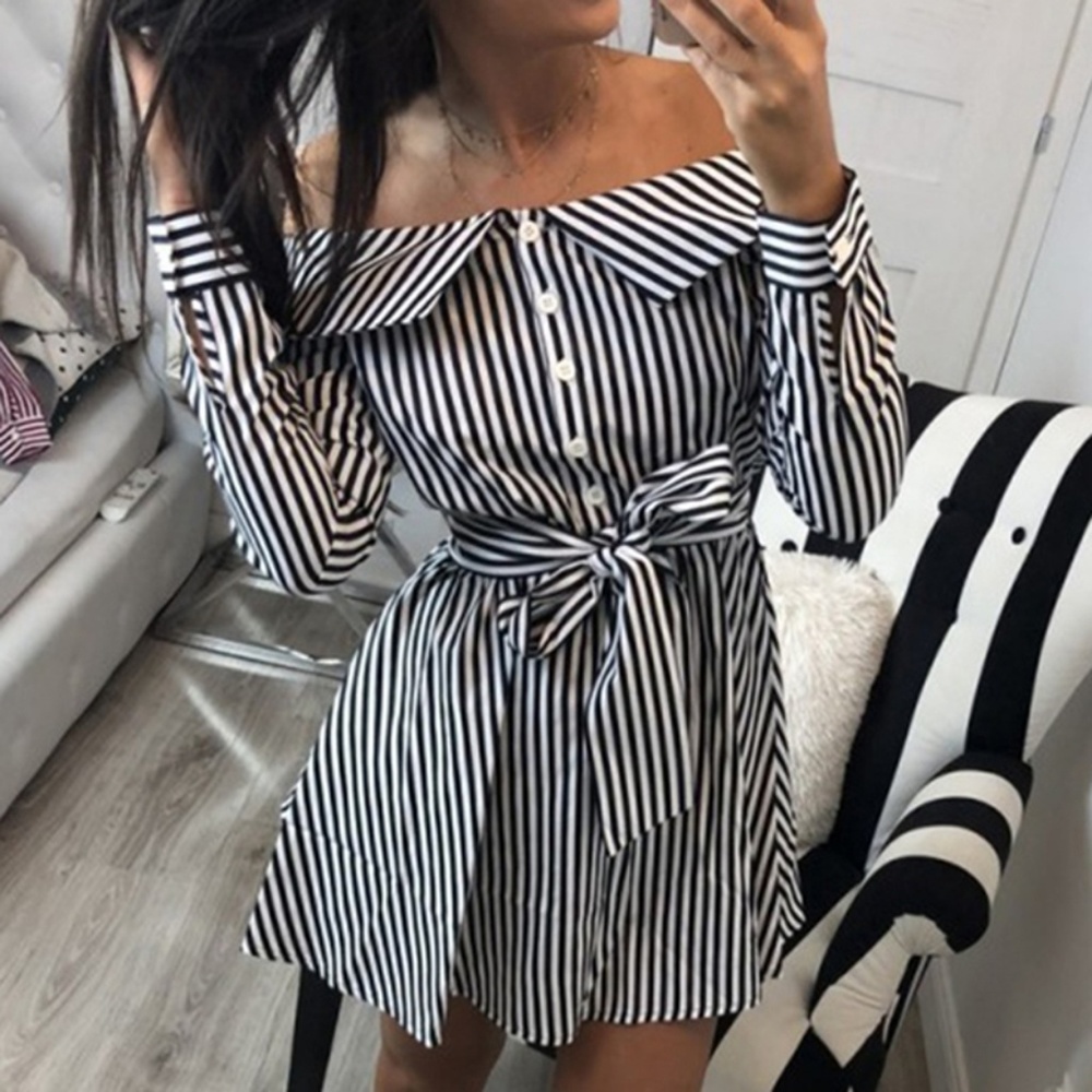 Chic Off Shoulder Striped Waist Tie Shirt Dress - Picture 2 of 3